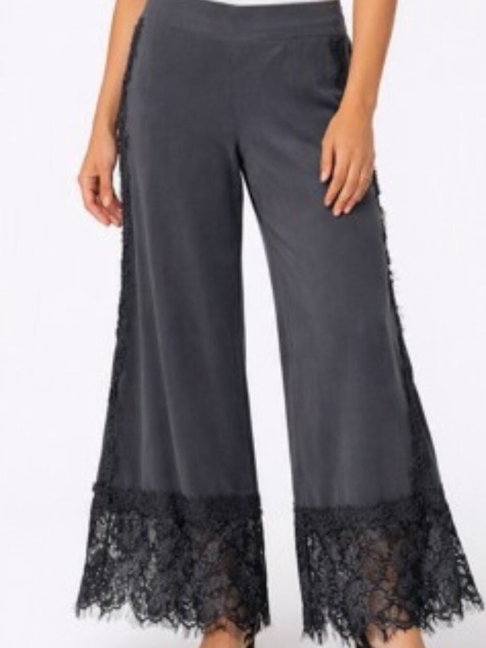 POL Gray Wide-Leg Pants with Lace Detailing